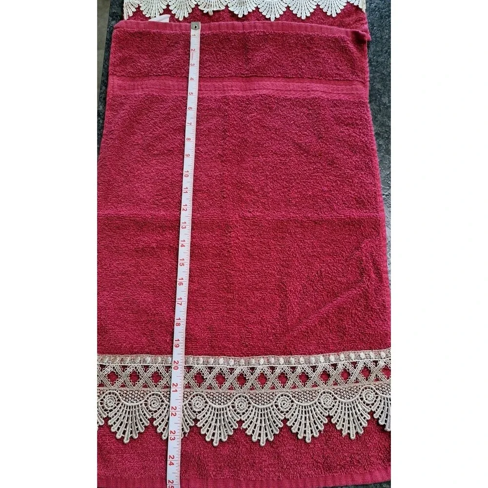 Vintage Burgundy Hand Towels & Washcloths (2 Each) with Cream Lace